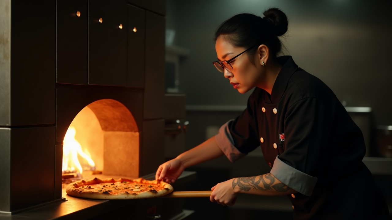 Chef cooking pizza in wood-fired oven